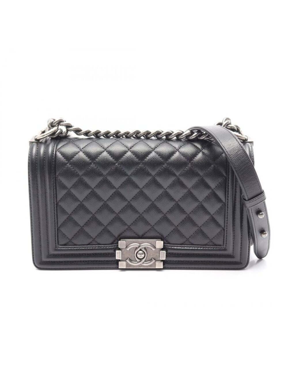 Chanel Shoulder Bag Boy Black Caviar Leather Boy Chain
